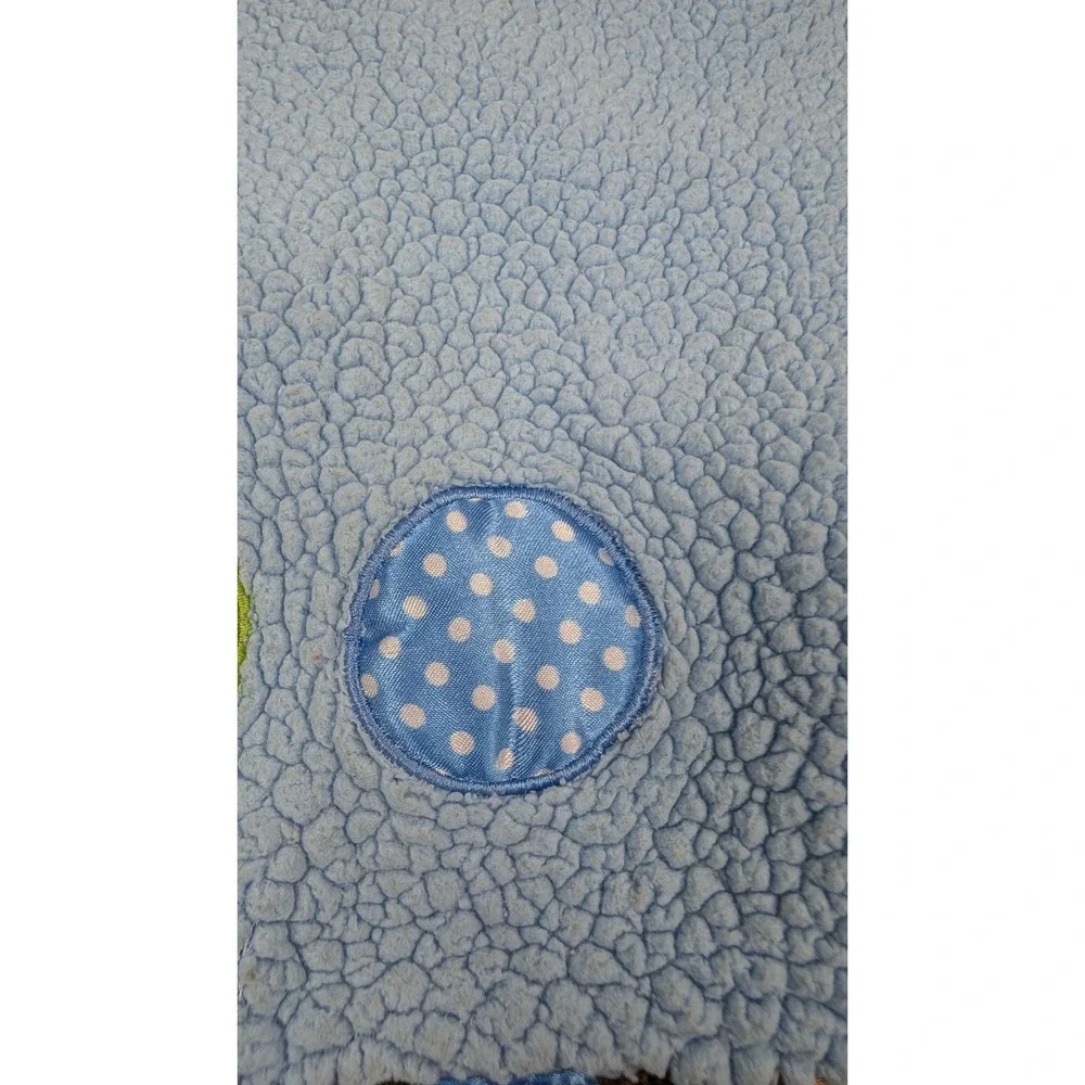 Baby boom Baby Blanket Blue Sherpa Fleece Brown Polka Dot Satin Trim USED